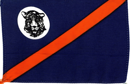 unknown flag with blue, orange and white fields including a tiger