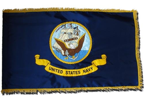 Appliqued nylon Navy flag with fringe and a pole pocket.
