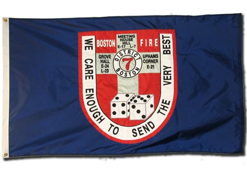 The appliqued nylon District 7 Fire Fighters flag.