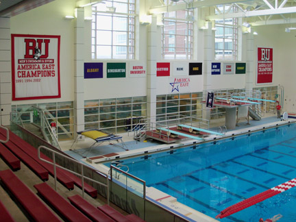 Hybrid banners (both print and applique)for Boston University swim teams.