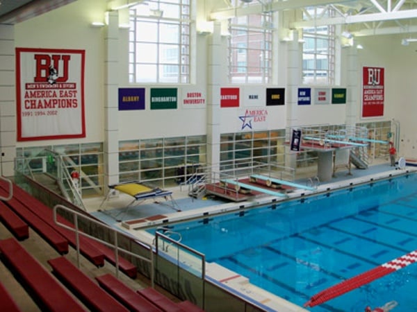 Hybrid banners (both print and applique)for Boston University swim teams.