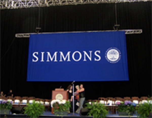 A massive appliqued backdrop for the Simmons College graduation ceremony.