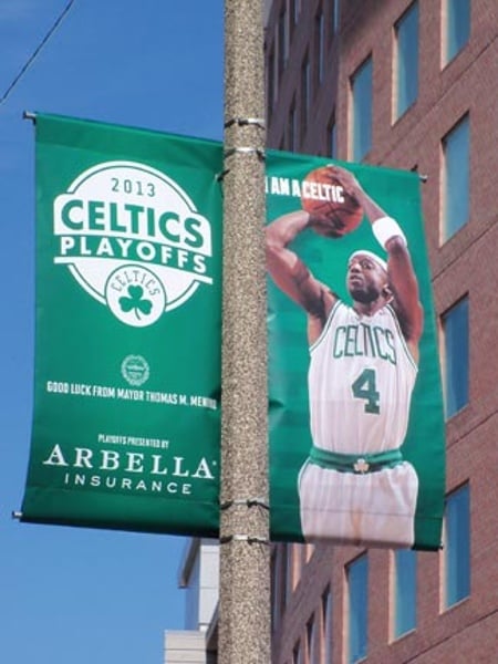 Vinyl light pole banner celebrating the 2013 NBA Playoffs. Go Celtics!