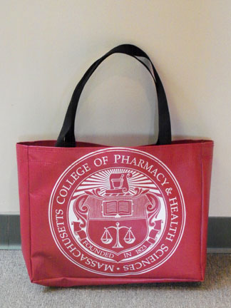Tote bag made from recycled MCPHS pole banners.