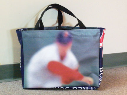 Tote bag made from recycled Beth Israel Deaconess Medical Center / Red Sox pole banners.