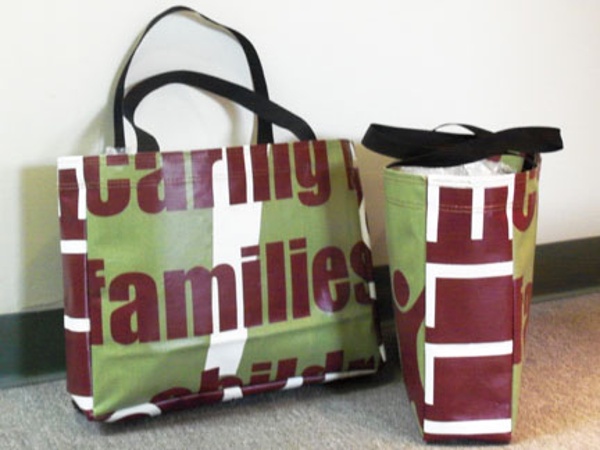 Tote bag made from recycled Ellis Memorial pole banners.