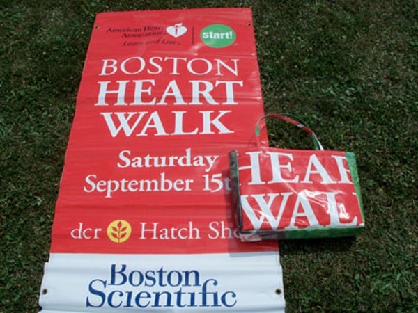 Tote bag made from recycled Heart Walk pole banners.