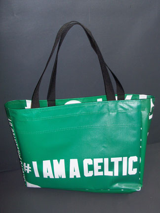 Tote bag made from recycled Celtics pole banners.
