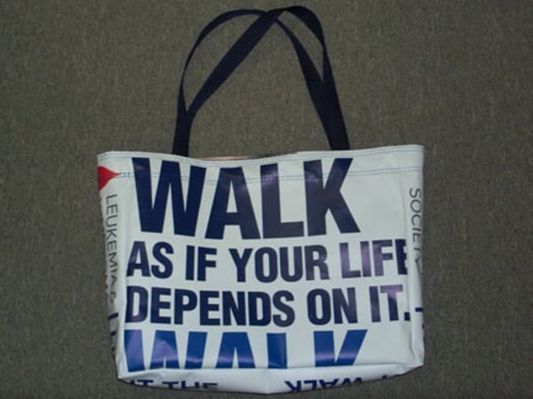 Tote bag made from recycled Light the Night Walk pole banners.