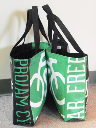 Tote bag made from recycled Mayors Cup pole banners.