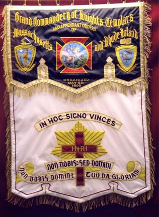 Incorporating embroidery, applique, and hand painted panels this gonfalon banner is a representation of banners from decades ago.