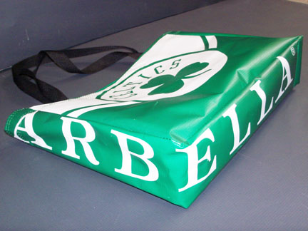 Tote bag made from recycled Celtics pole banners.