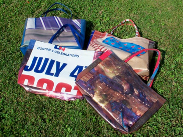 Tote bag made from recycled Mugar's 4th of July celebration pole banners.