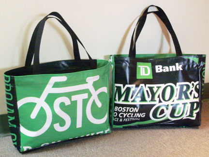 Tote bag made from recycled Mayors Cup pole banners.