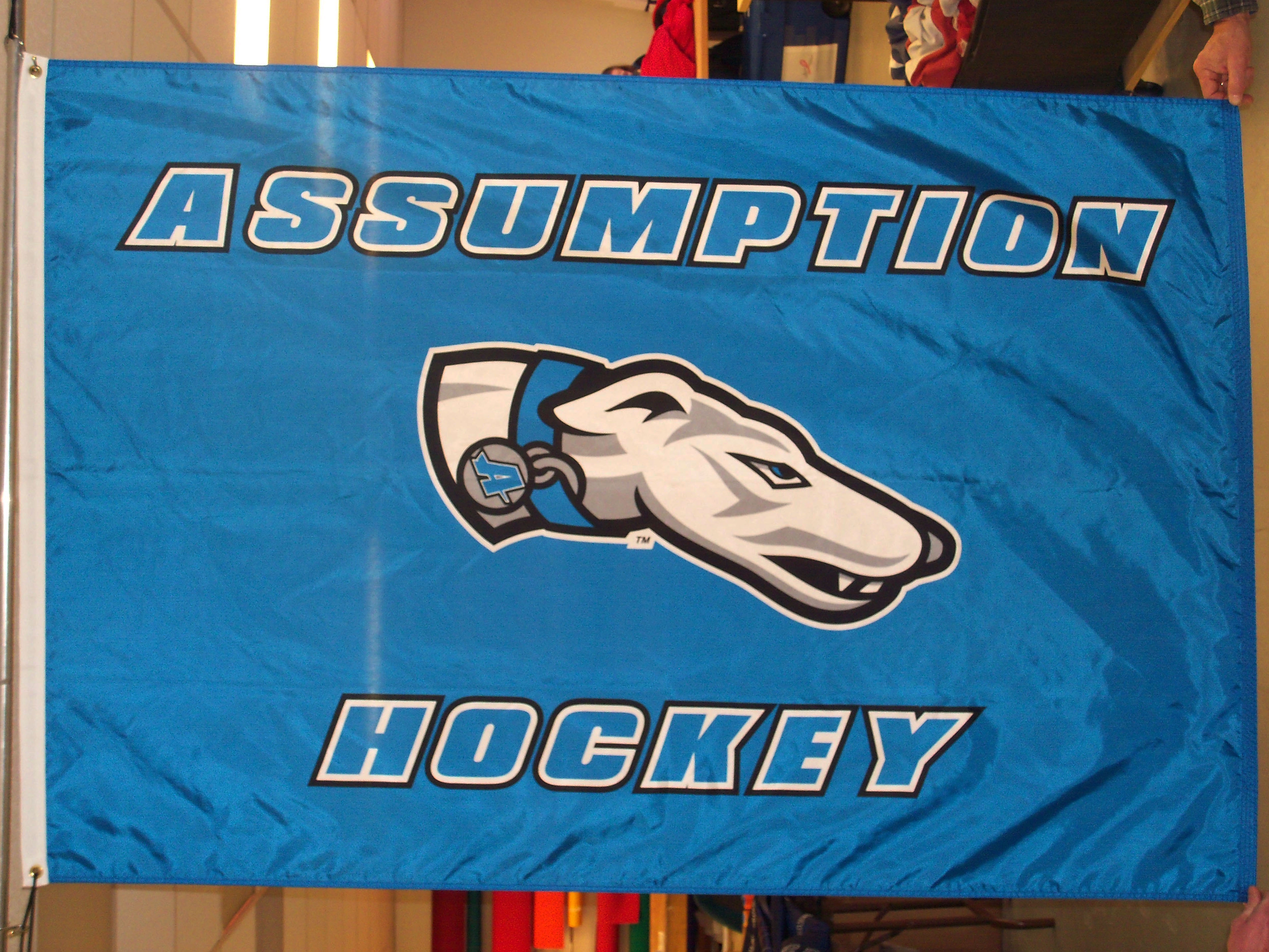 A custom printed flag for Assumption College Hockey.