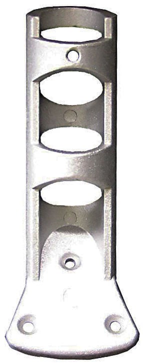 Cast aluminum bracket holds pole at 45 degrees.