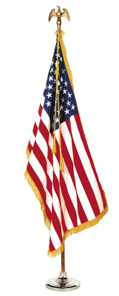 Colonial US flag sets include: -2 piece polished oak pole - 1 Liberty floor stand -1 gold plated eagle ornament -1 Golden Yellow cord and tassel -1 US flag with fringe
